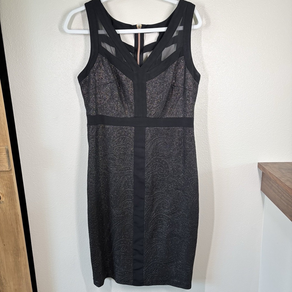 Jax Women's Black Gold Shimmer Sleeveless‎ Cocktail Dress Size 10 Paisley Print
